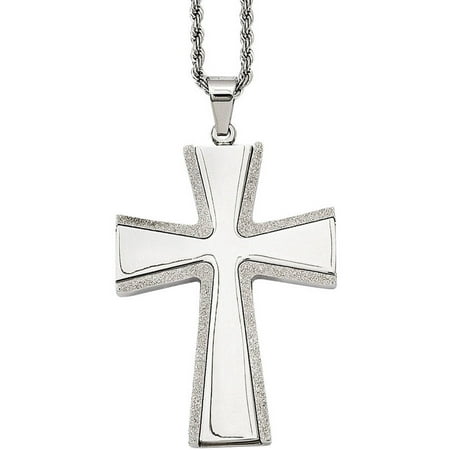 Primal Steel Stainless Steel Laser-Cut and Brushed Cross Pendant Necklace, 24