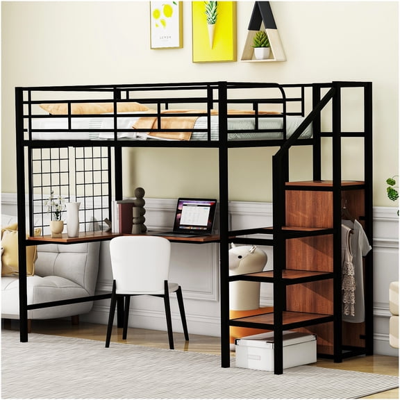 Twin Size Loft Bed with Desk & Wardrobe, Black Metal High Sleeper Bed with Ladder Shelves & Study Station for Space Saving