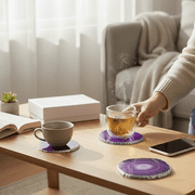 Modern Home Set of 4 Natural Agate Stone Coasters - Purple w/Silver Edge