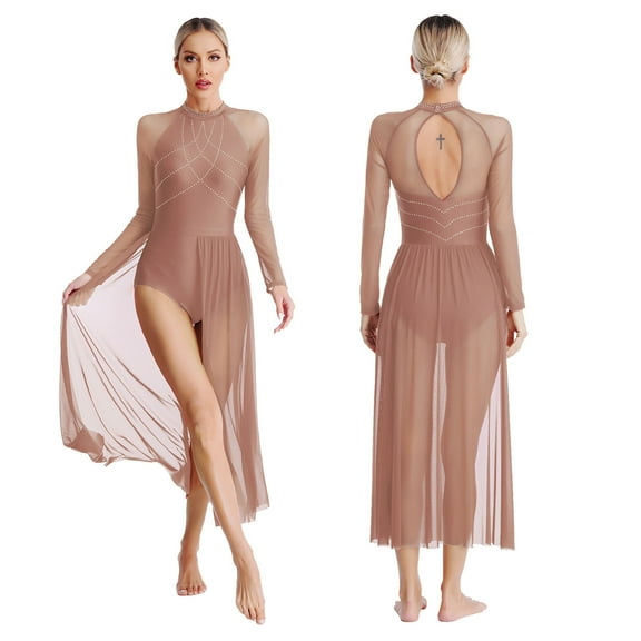 iiniim Women Lyrical Dance Rhinestones Long Sleeve Mesh Tulle Flowy Maxi Long Dress Contemporary Dancewear Dusty Pink S