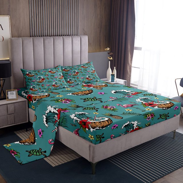 Erosebridal Tropical Plants Sheet Set Full, Flamingo Coconut Sea Turtle Bedding Sets Full Size, 4pcs
