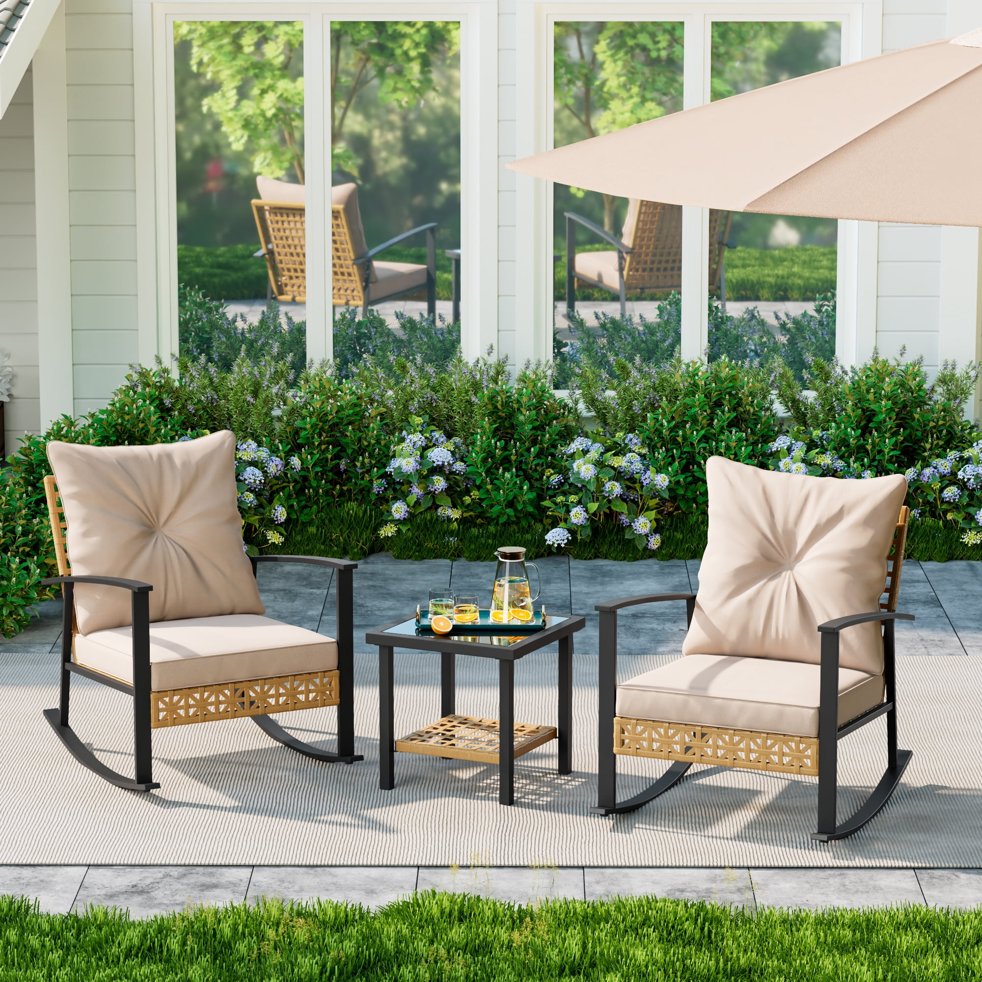 3 Piece Outdoor Rocking Chairs, Outdoor Patio Furniture Set with Thick Cushion and Coffee Table