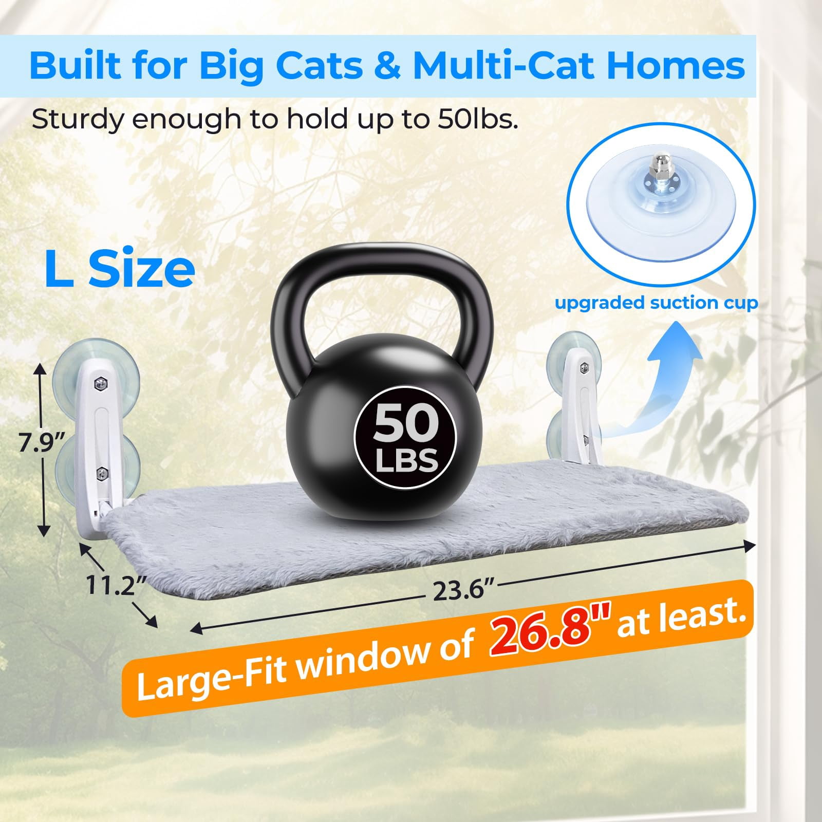 L&W BROS. Cat Window Perch Indoor Foldable Pat Hammock with 4 Updated Suction Cups Easy to Assemble Window Bed for Large (L 1Pc)