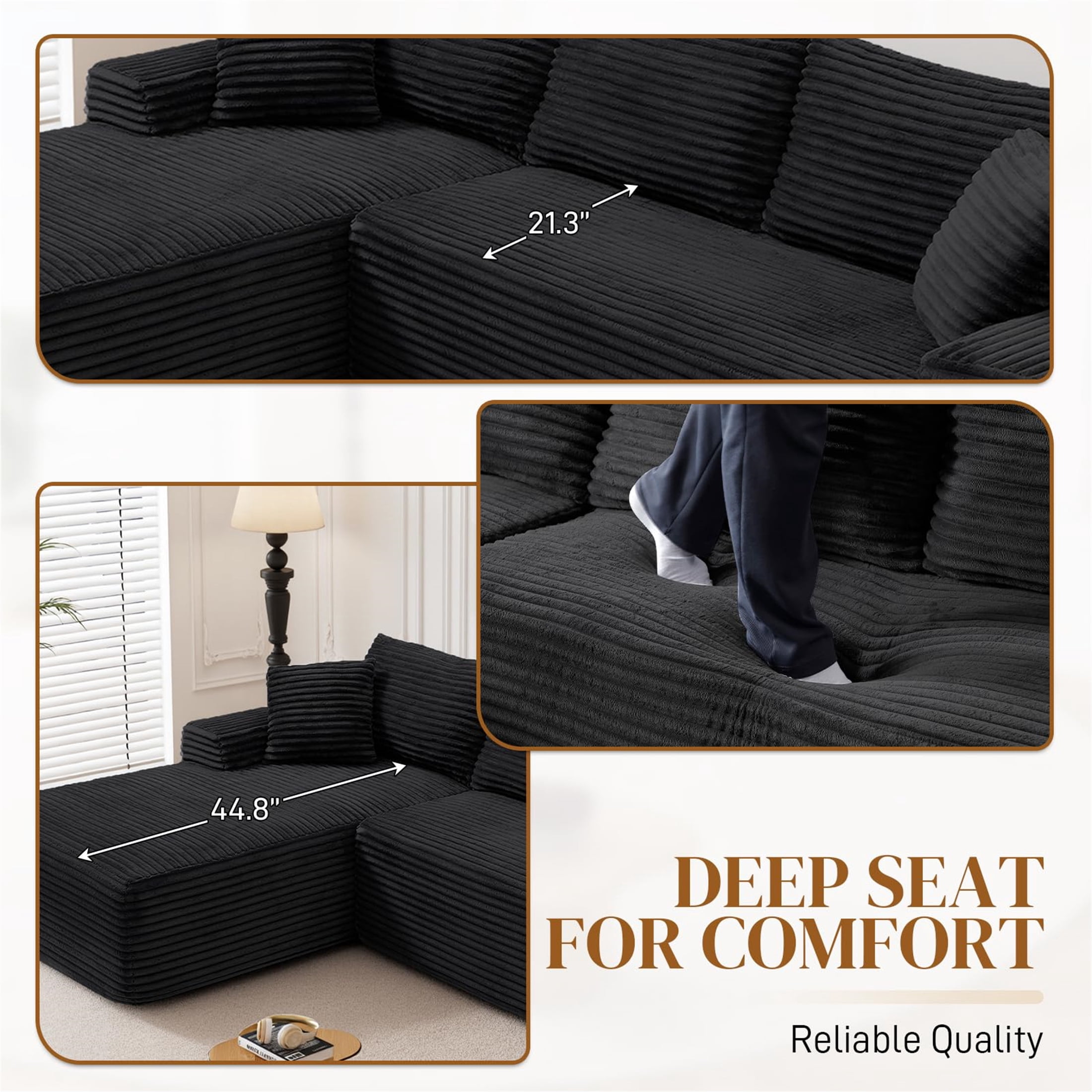 Aukfa 95" Cloud Sectional Sofa Deep Seat Boneless Couch Modular L-Shaped Couch, Left Chaise Corduroy Sofa for Living Room, Black