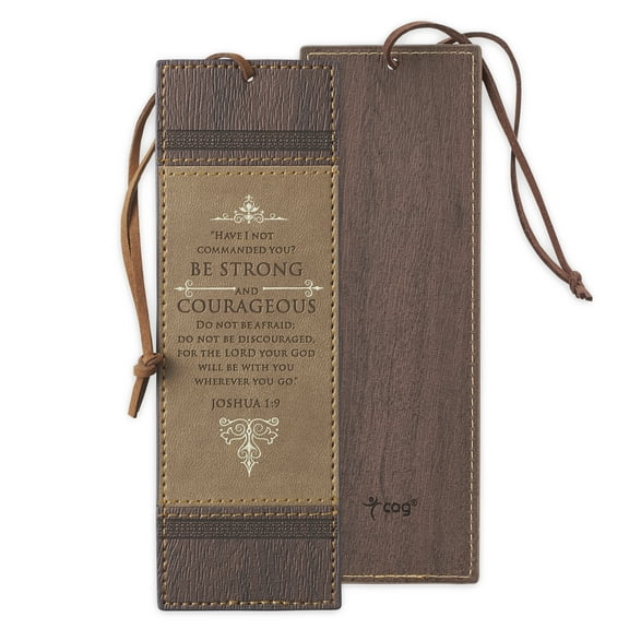 Christian Art Gifts Brown Faux Leather Bookmark | Strong and Courageous - Joshua 1:9 Bible Verse Inspirational Bookmark for Men and Women w/Cord Tassel