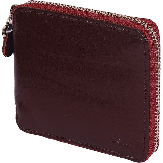 MAISON DE NOAH Mens Zip Wallets | Zip Up Leather Bifold Wallet with RFID Blocking - Burgundy