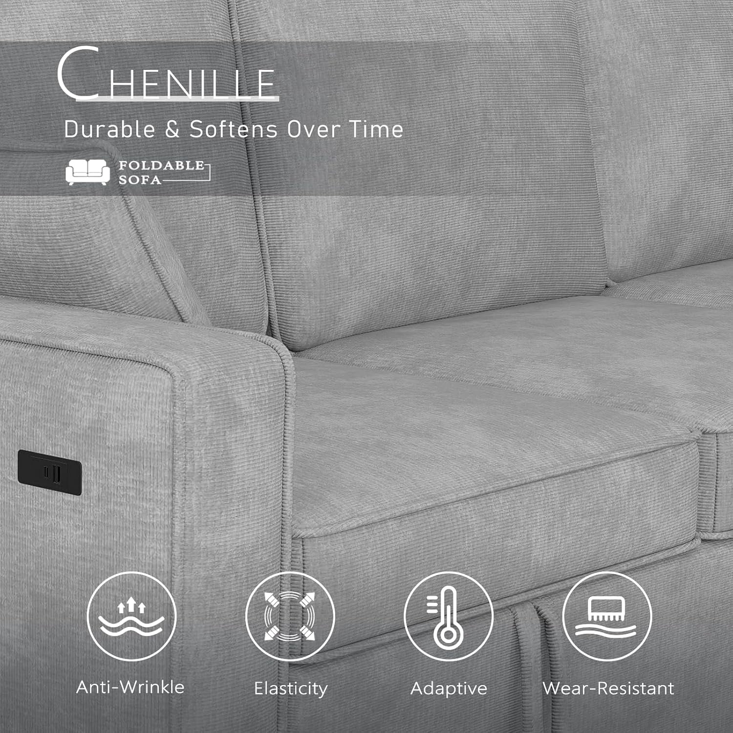 Howcool Sectional Sleeper Sofa,L Shaped Chenille Convertible Sofa Bed 89" 3 Seater with Flip-Down Center Console & USB Charging Ports,Pull Out Couch for Living Room Apartment Office,Light Grey