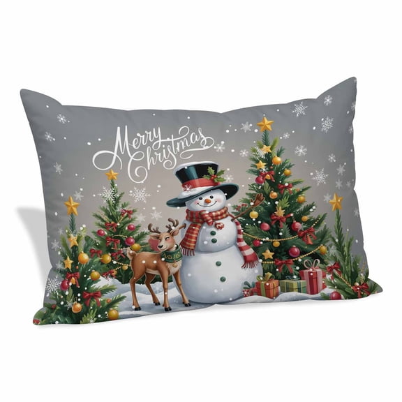 Grey Christmas Pillow Covers, Linen Long Throw Pillow Case, Snowman Xmas Tree Snowflake Gifts Elk Holiday Pillow Protector Decorative Cushion Cover for Living Room/Bedroom 16" x 24"