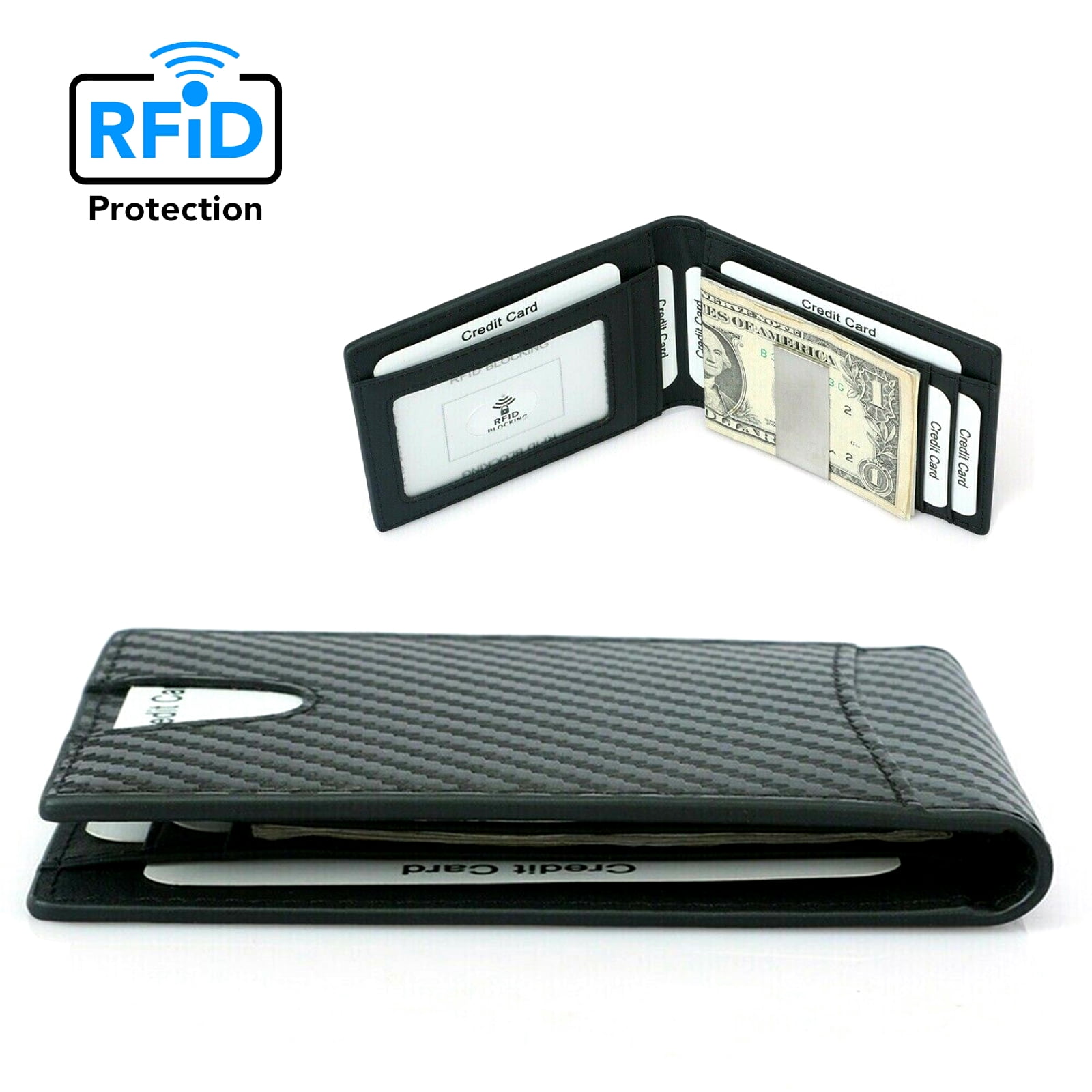 Carbon Fiber Bifold Wallet, RFID Blocking Minimalist Wallets for Men, Aluminum Clip Wallet, Rigid Metal Wallet, Compact Card Holder for Travel with Additional Carbon Fiber Money Clip -