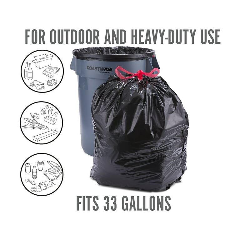 Perk Drawstring Heavy-Duty Trash Bags, 33 gal, 1.1 mil, 37 x 33, Black, 30/Box