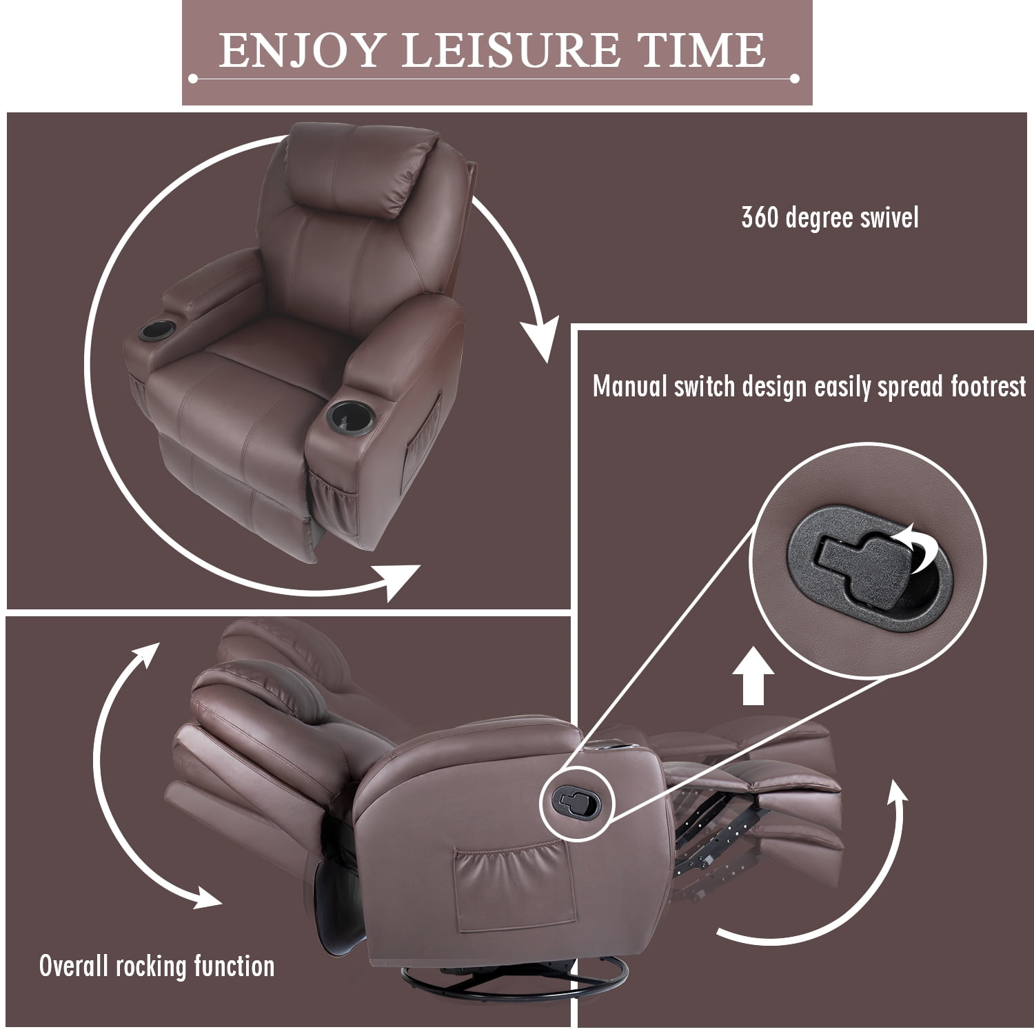 Homall Swivel Rocking Recliner Chair Massage PU Leather 360 Swivel Rocker Recliner Living Room Chair Home Theater Seating,Pu Leather Brown