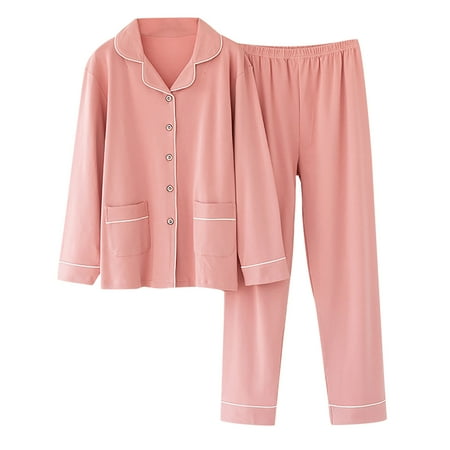 

YWDJ Silk Pajamas for Women Men Cardigan Casual Double Pocket Solid Long Sleeves Sleepwear Tops And Pants Turndown Suit Pink XXL