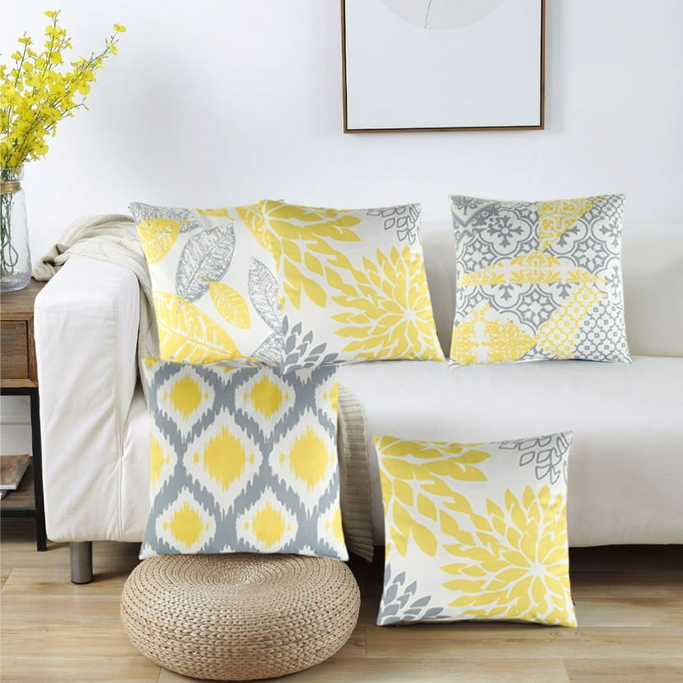 Set of 4 Pillow Covers 18x18, Yellow Geometric Gray Pattern Style