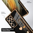 thumbnail image 3 of Designed for Samsung Galaxy S21 Ultra Case with Strap Luxury Love Heart Plating Gold Bumper Phone Cover Wristband Kickstand Full Body Protective Slim Case for Women - Black, 3 of 5
