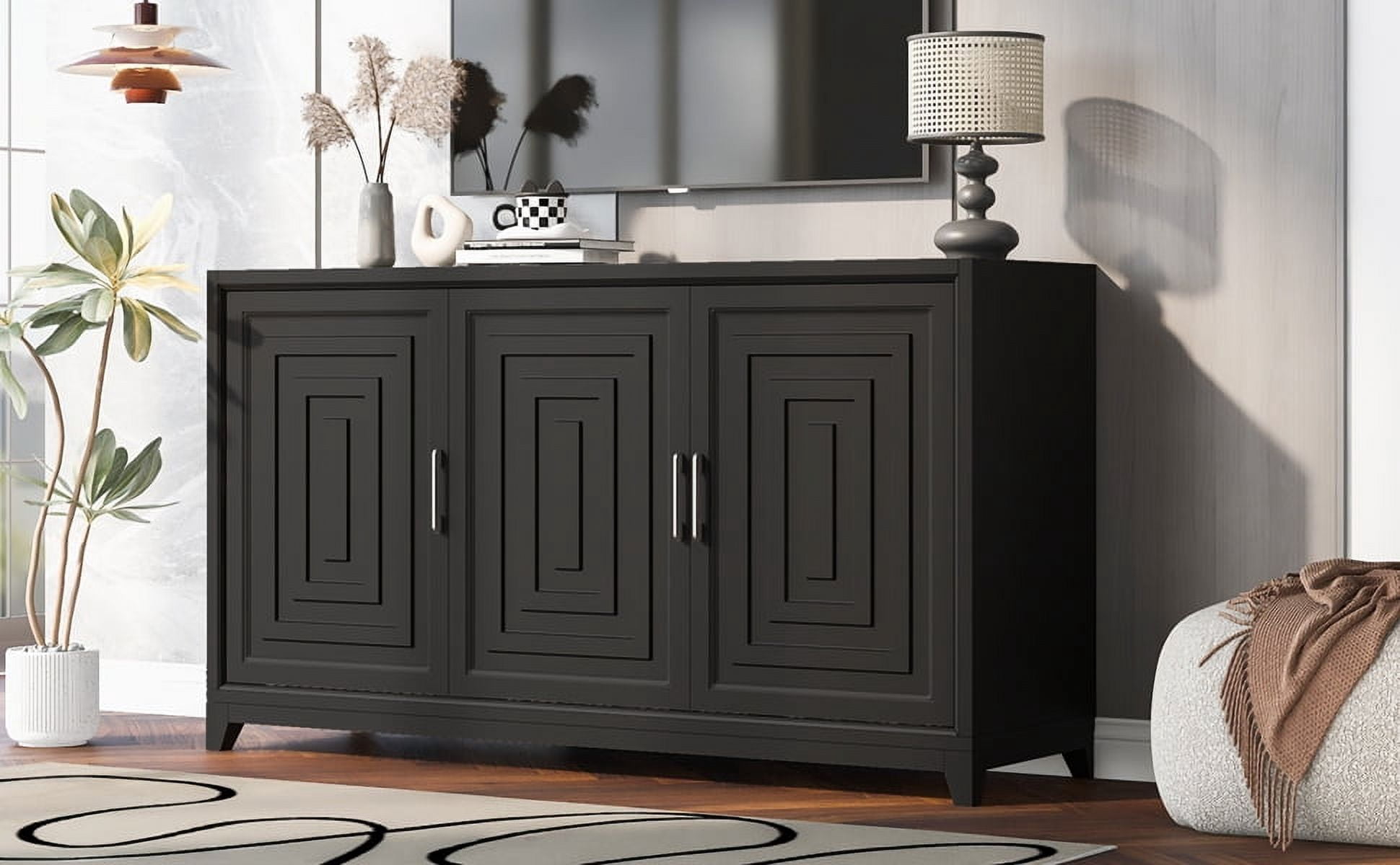 Euroco Modern TV Stand with Adjustable Shelves & Solid Wood Legs – Media Console Cabinet with Storage for Living Room or Bedroom
