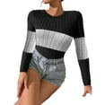 thumbnail image 5 of Womens Bodysuit Tummy Control Body Suit Long Sleeve Crew Neck Ribbed Color Block Shirt Tops, 5 of 6