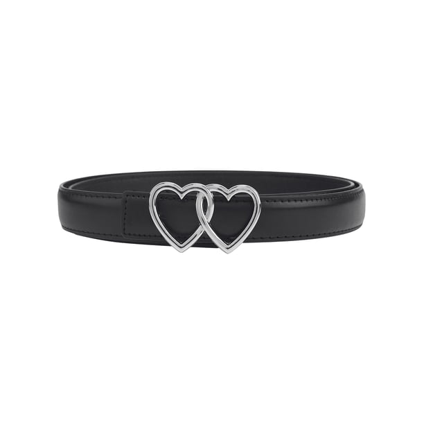 CINTURONES REVERSIBLES DE CUERO SINTÉTICO INSPIRE CHIC PARA MUJER, CINTURÓN DE 0.9" DE ANCHO CON HEBILLA DE DOBLE CORAZÓN METÁLICA PARA VESTIDO 43.3x0.9" (LxA) NEGRO
