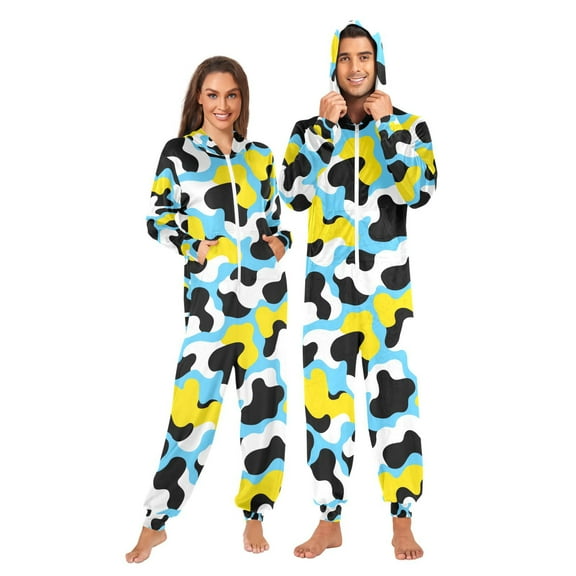 Adult Christmas Onesie Cow Pattern Adult Zipper One-Piece Pajamas Unisex Pajamas with Pockets