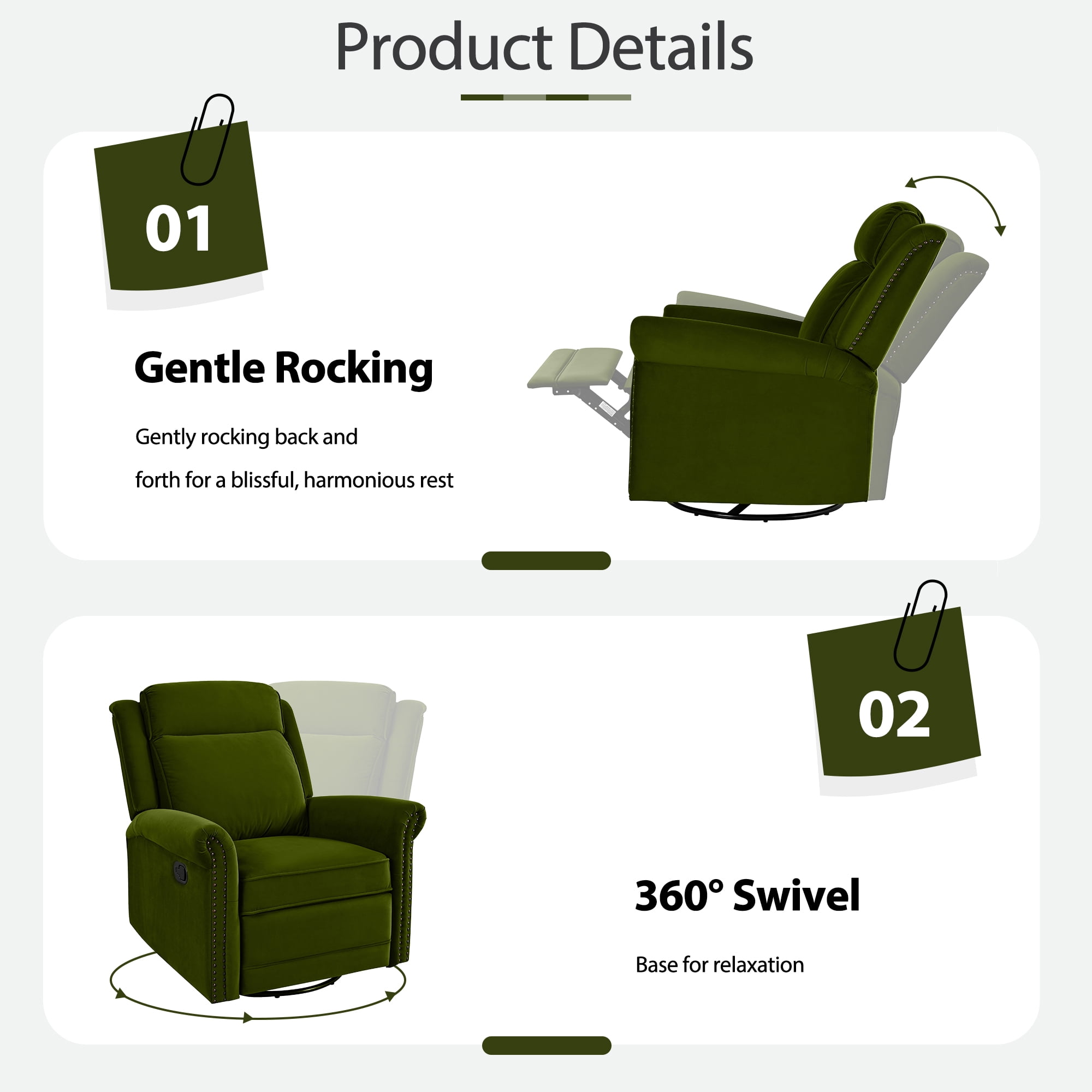 Euroco 360° Swivel Recliner Manual Rocking Recliner Home Theater Manual Recliner Chair Nursery Rocker with Adjustable Backrest for Living Room, Green