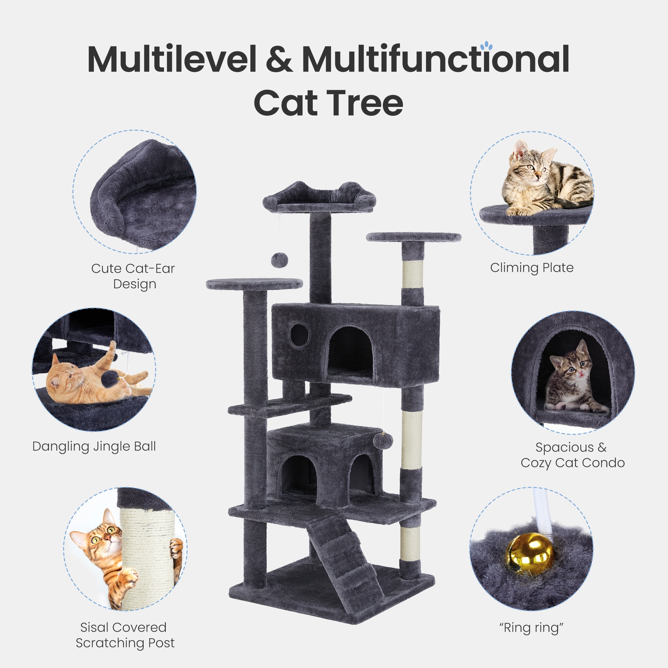 EDX 54" Cat Tree Tower for Indoor Cats, Multi-Level Pet Furniture with Sisal Scratching Post, Large Cozy Condo, Climbing Ramp, Kitten Toy, Dark Grey