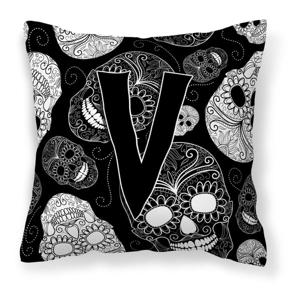 Carolines Treasures CJ2008-VPW1414 Letter V Day of the Dead Skulls Black Canvas Fabric Decorative Pillow 14Hx14W