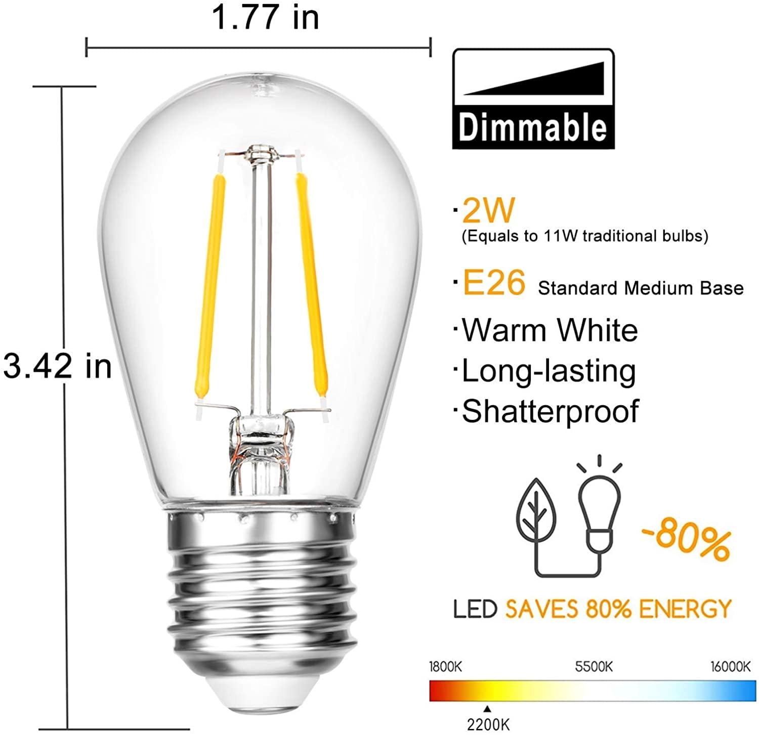 Yi Lighting 2W S14 LED Light Bulbs Clear Plastic Cover Dimmable Shatterproof for Outdoor String Lights Bulbs Replacement 2700K (Set of 18)