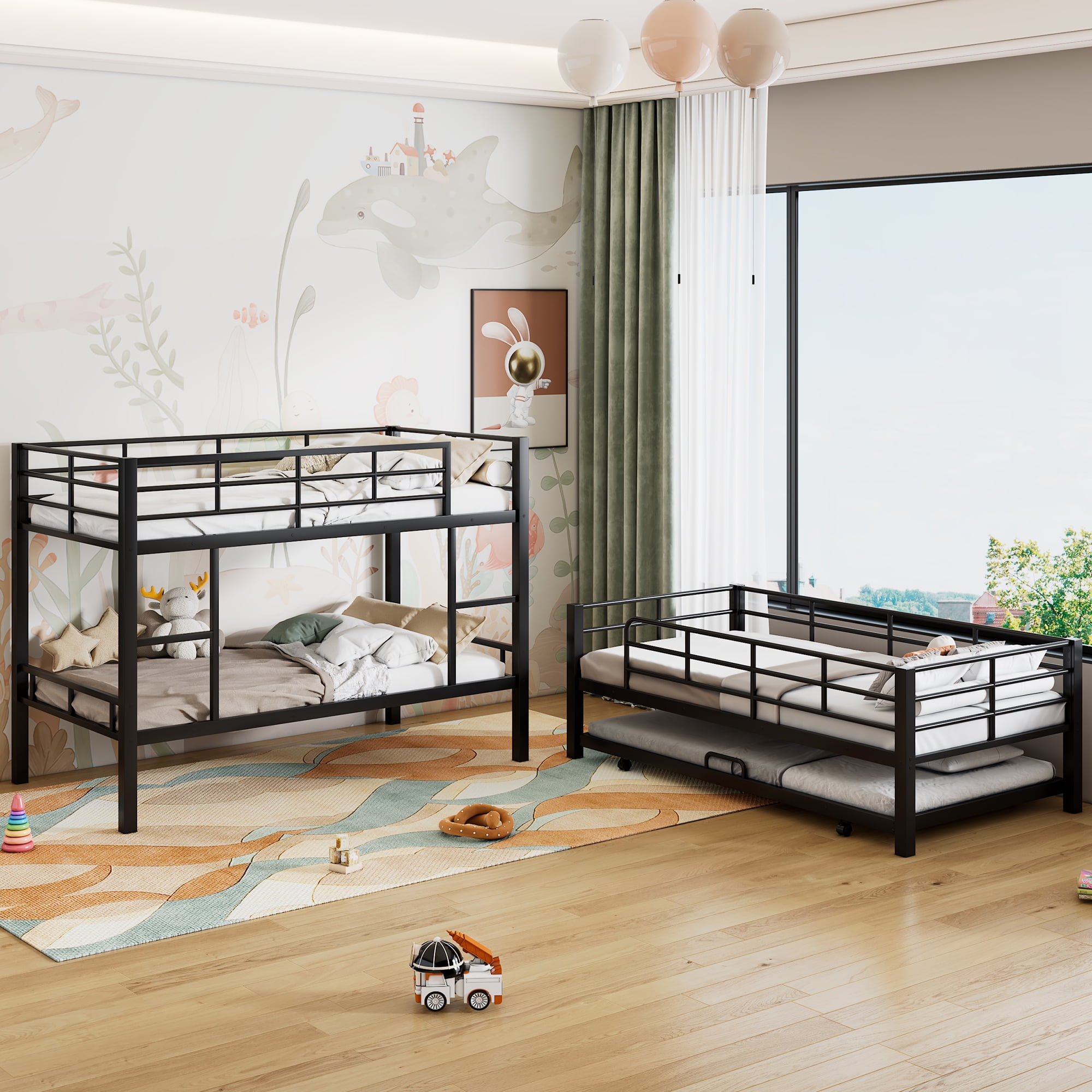 Metal Twin Size Triple Bunk Bed With Trundle, Black