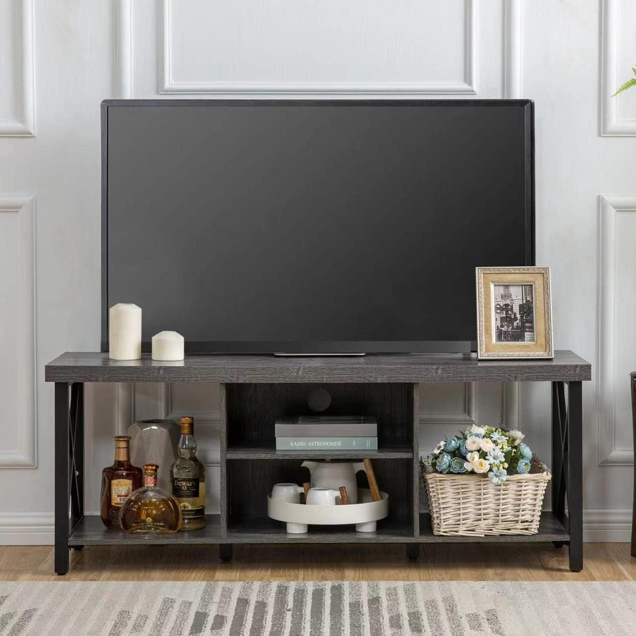 Reliancer Farmhouse TV Stand for TVs up to 55", with 4 Number of Shelves, Open Storage, Grey