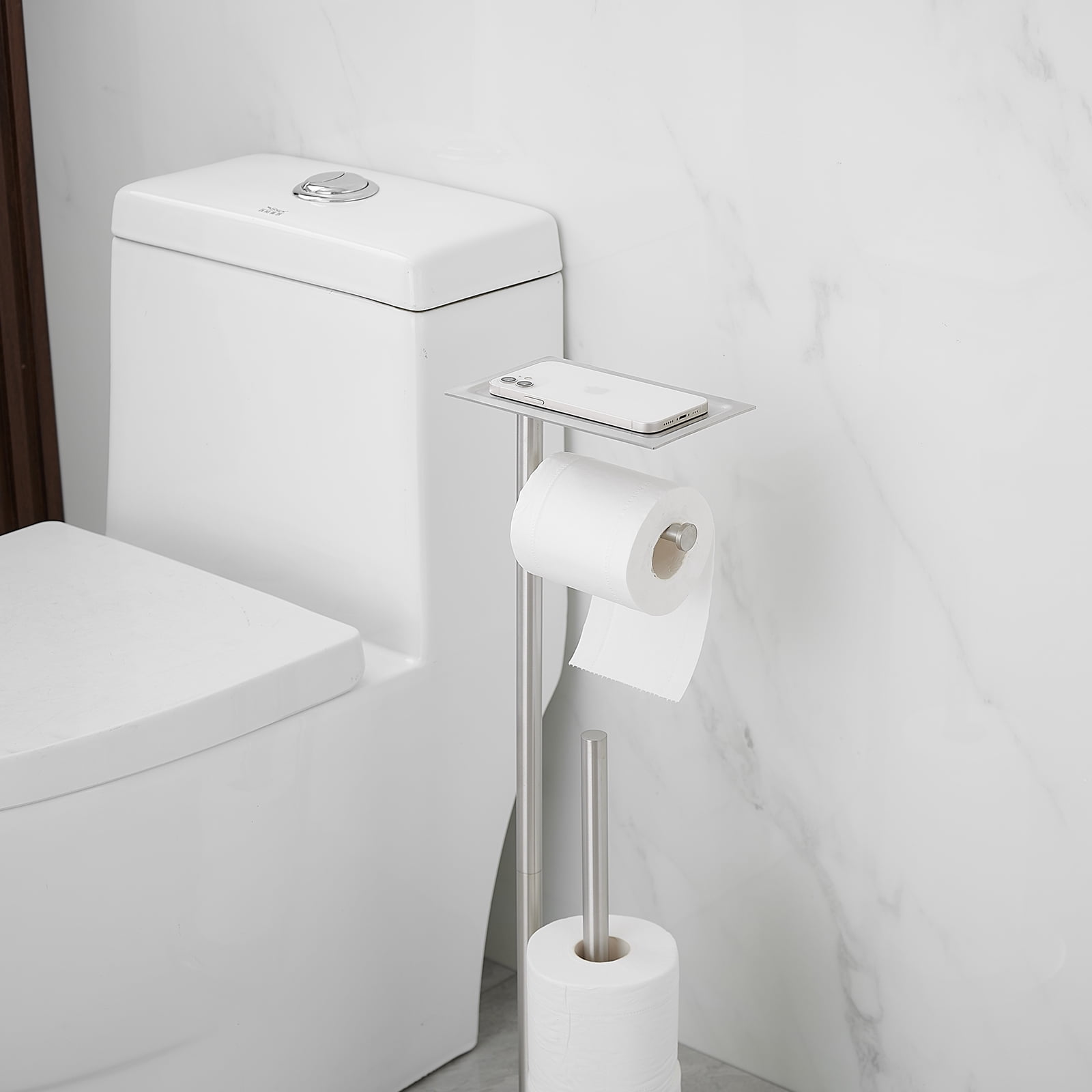 Round Free Standing Toilet Paper Holder with Top Storage Shelf in Brushed Nickel