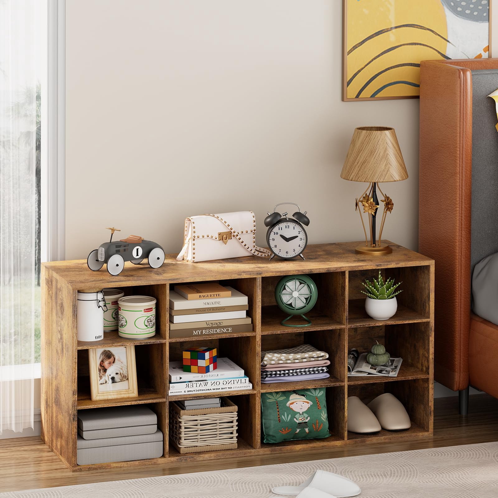 Shoe Storage Bench, Cubby Shoe Rack with 12 Cubbies, 3-Tier Wood Shoe Rack Organizer, Shoe Organizer Cabinet for Entryway, Hallway, Closet and Garage, Brown