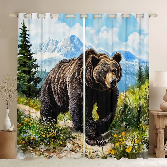 Manfei Teens Wildlife Bear Blackout Curtains Set of 2 (52x84 Each),Chic Flower Window Curtains,Woodland Animal Curtains and Drapes,Microfiber Bedroom Decor