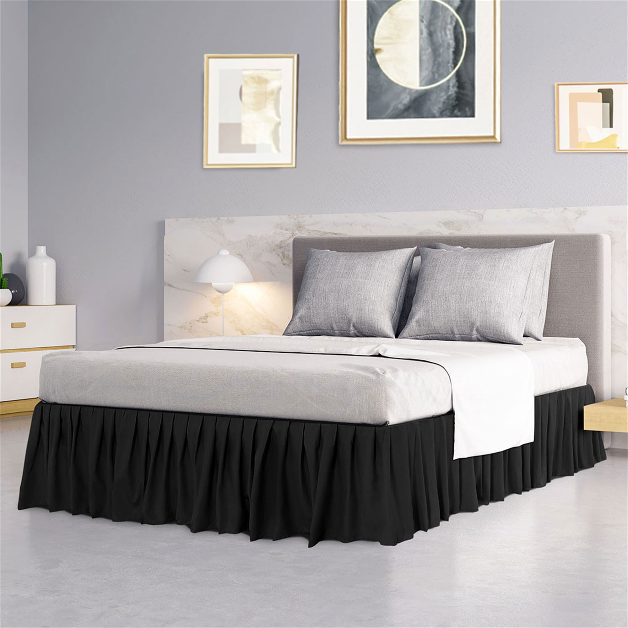 PiccoCasa Brushed Microfiber Bed Skirts 16" Drop Ruffled Wrap Around, Queen Black