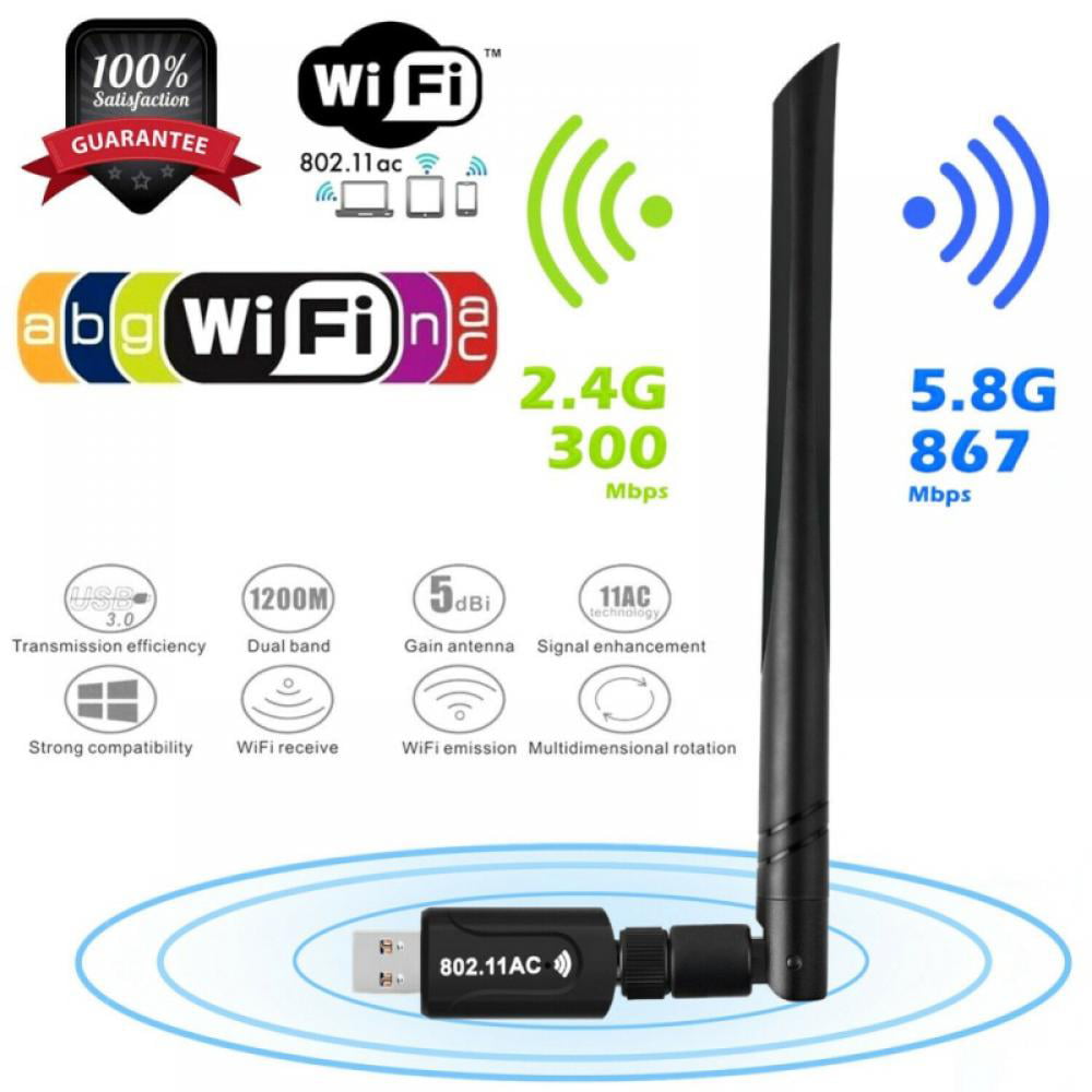 USB WiFi Adapter 1200 Mbps USB Wireless Network Adapter with Dual Band 2.4GHz/300Mbps+5.8GHz/866Mbps 5dBi Antenna for Desktop Windows XP/Vista/7/8/10 Mac 