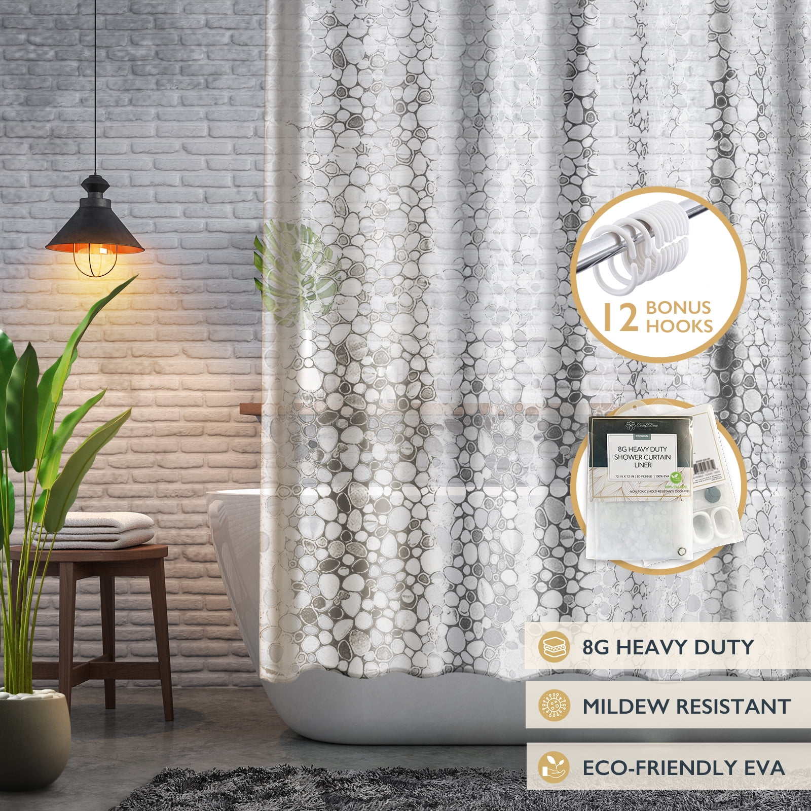 ComfiTime Clear Shower Curtain Liner | Extra Long 8G Heavy-Duty Mildew/Mold-Resistant Shower Liner with Weighted Magnets, 100% Waterproof EVA Vinyl, Rustproof Brass Grommets, 12 Hooks, 72' x 84'