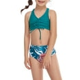 thumbnail image 4 of Seyurigaoka Daughter  Mother Family Matching Tankini Swimwear Solid Color Sleeveless Drawstring V-Neck Tops + Leaves Print Panties Split Bikini Set, 4 of 9