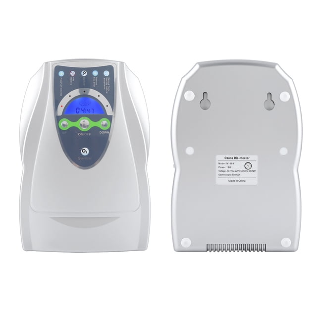 generador de aire de ozono, purificador de aire de ozono de 500 mg/L, 110-220V / DC 12V industria para oficina — Vista frontal y posterior del equipo de ABS (color según imágenes), panel frontal con pantalla digital azul y botones de encendido/ajuste, ventilación inferior y etiqueta técnica trasera con orificios para colgar. Diseñado para desinfectar y purificar aire en hogar u oficina; también suele usarse para tratar pequeñas cantidades de agua.