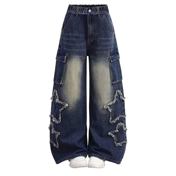 Plus Size Jeans Stretchy Tween Girls Jeans Fashion Casual Cute Floral Pattern Elastic Waistband Wide Leg Jeans with Slant Pockets