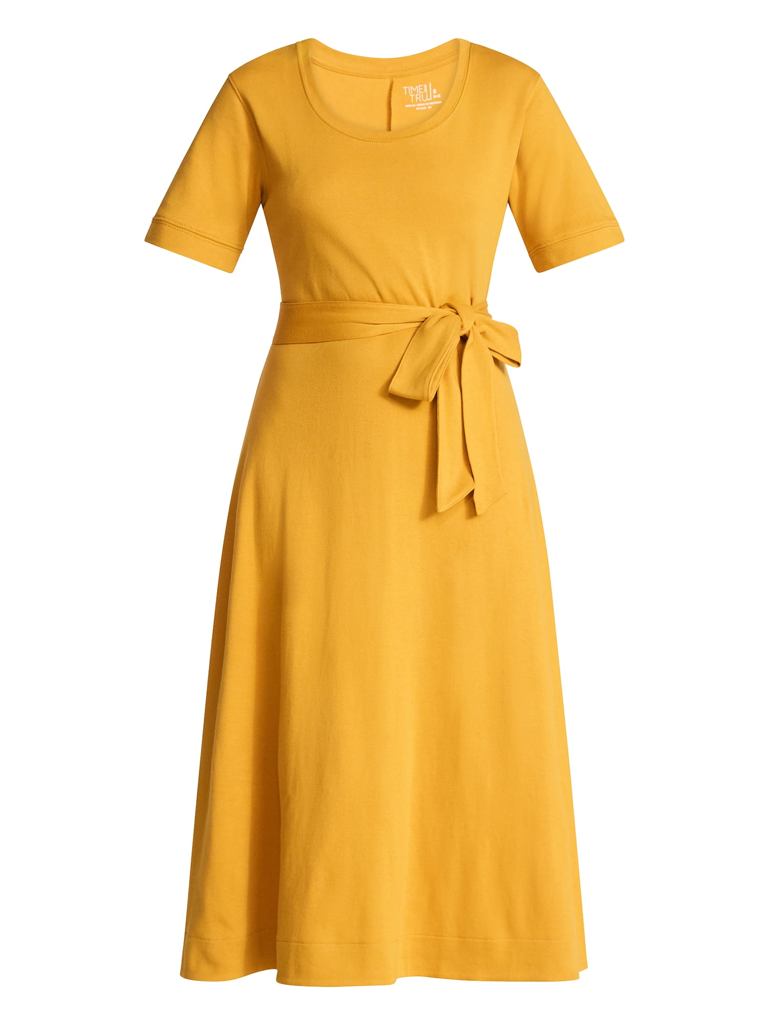 Time and Tru Women's Cotton Tie Front Midi Dress with Short Sleeves, Sizes XS-XXXL