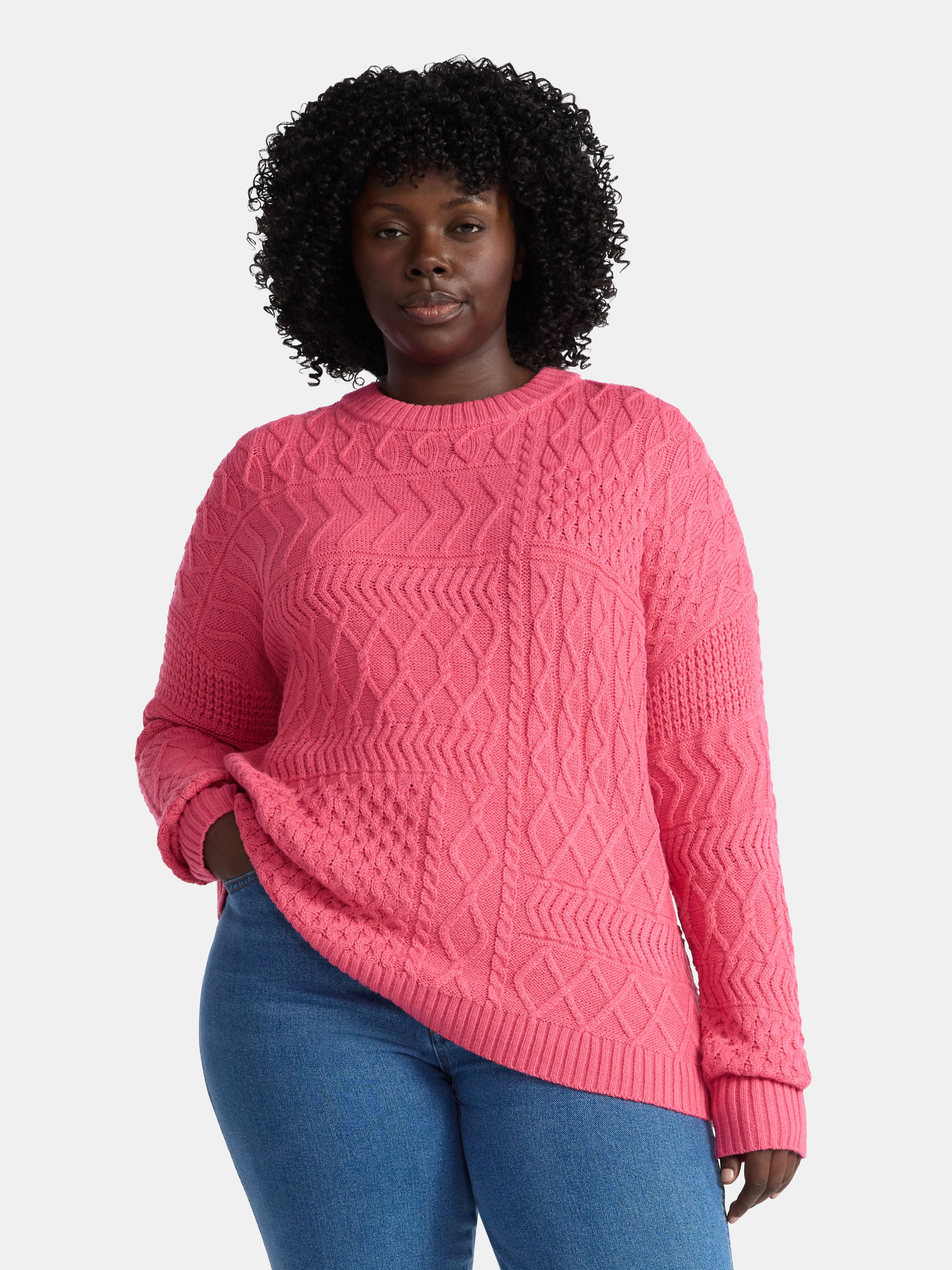 Time and Tru Women’s and Women’s Plus Mixed Stitch Sweater, Midweight, Sizes XS-4X