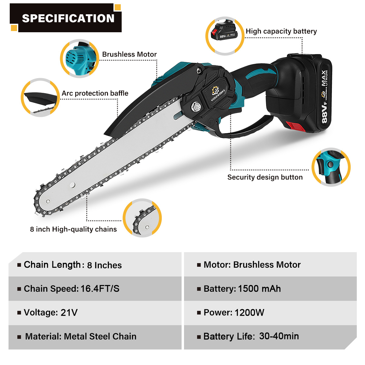 VIOLEWORKS Inch Electric Saw Brushless Mini Chainsaw Cordless, W/ One  Battery 1.5Ah for Tree Branch Wood Cutting, Blue