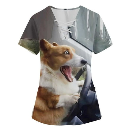 

DNDKILG Women s V Neck Short Sleeve Scrubs Top Animal Print Casual T Shirt Professionals Nursing Scrubs Working Holiday Uniform XL