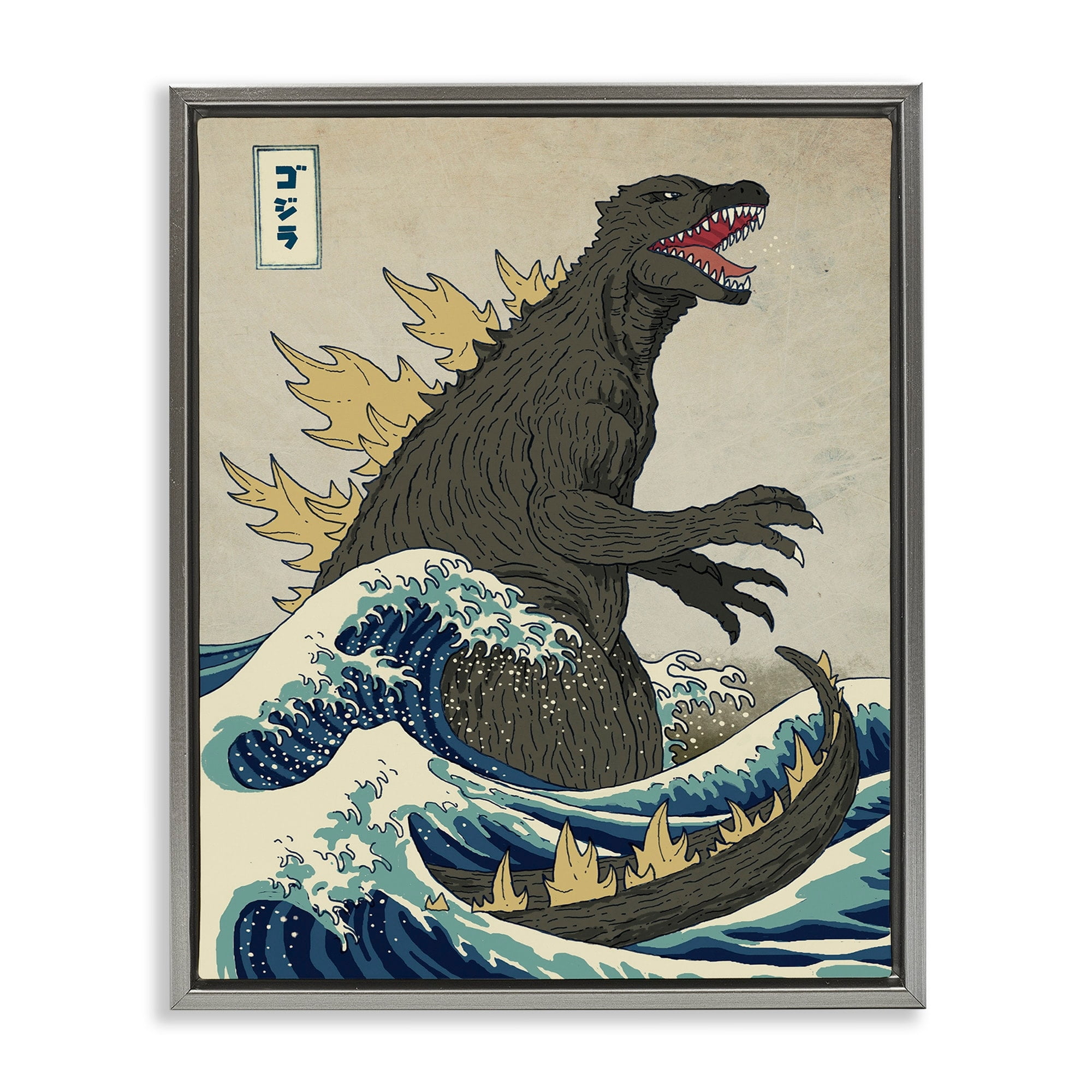 Stupell Industries Godzilla in the Waves Eastern Poster Style Illustration Luster Gray Framed Floating Canvas Wall Art, 24x30, by Michael Buxton