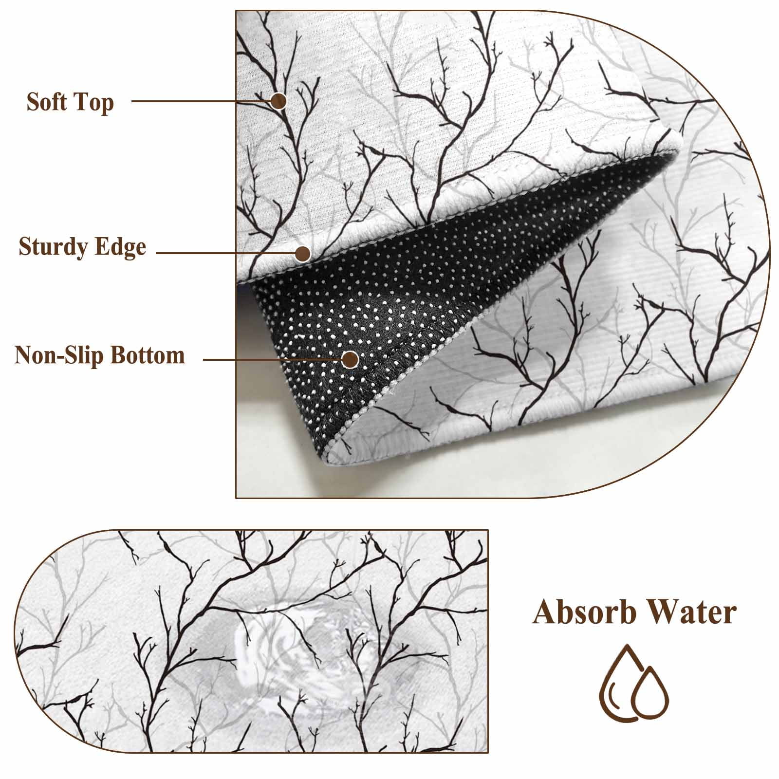 Black White Branches Round Area Rug 4Ft Washable Circle Rugs for Bedroom Dining Room, Vintage Art Farmhouse Non-Slip Carpet Floor Mats Indoor Outdoor Carpet Runner Aesthetic Home Decor