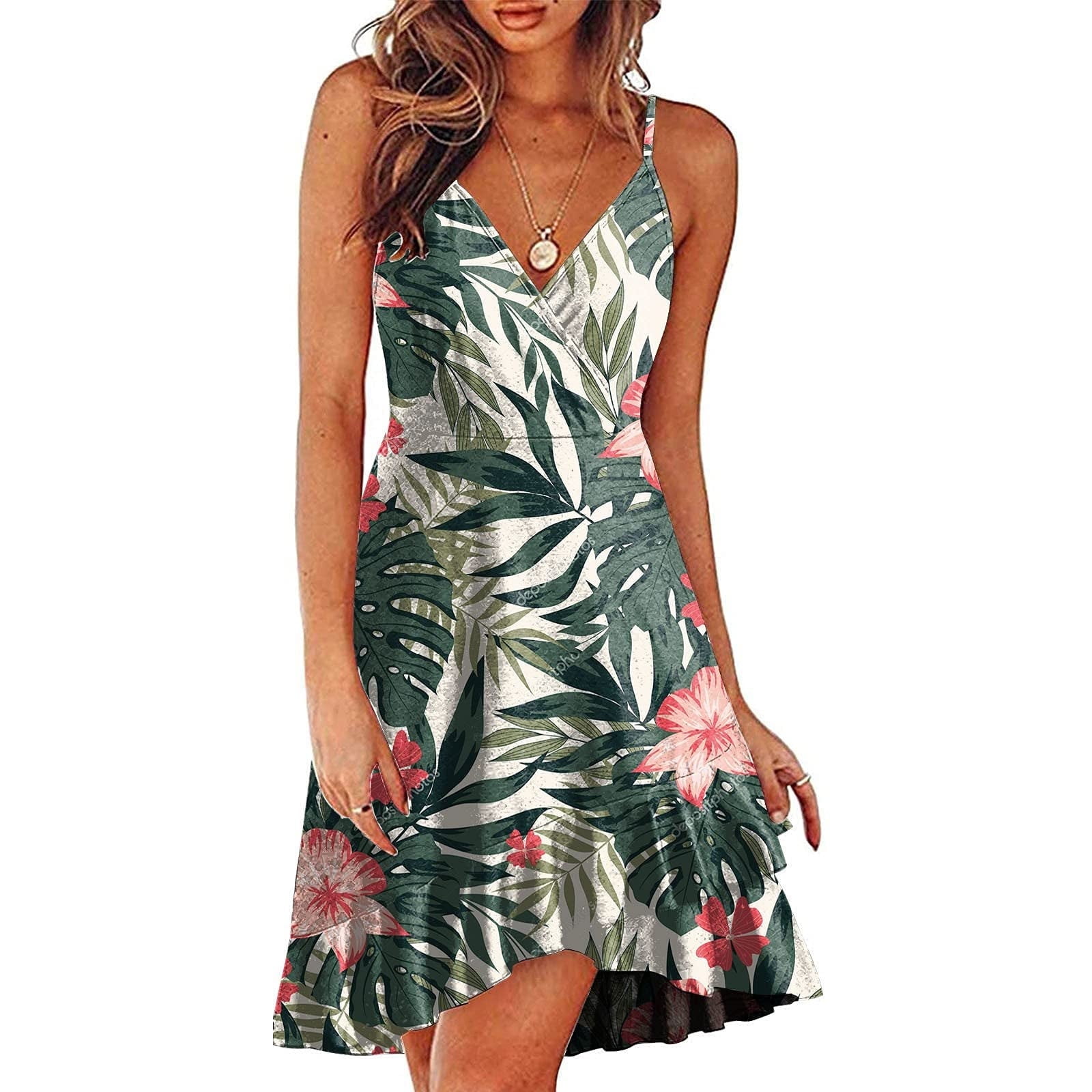 qucoqpe Women's Summer Dress Floral Spaghetti Strap Sleeveless V-Neck  Casual Swing Sundress on Clearance 