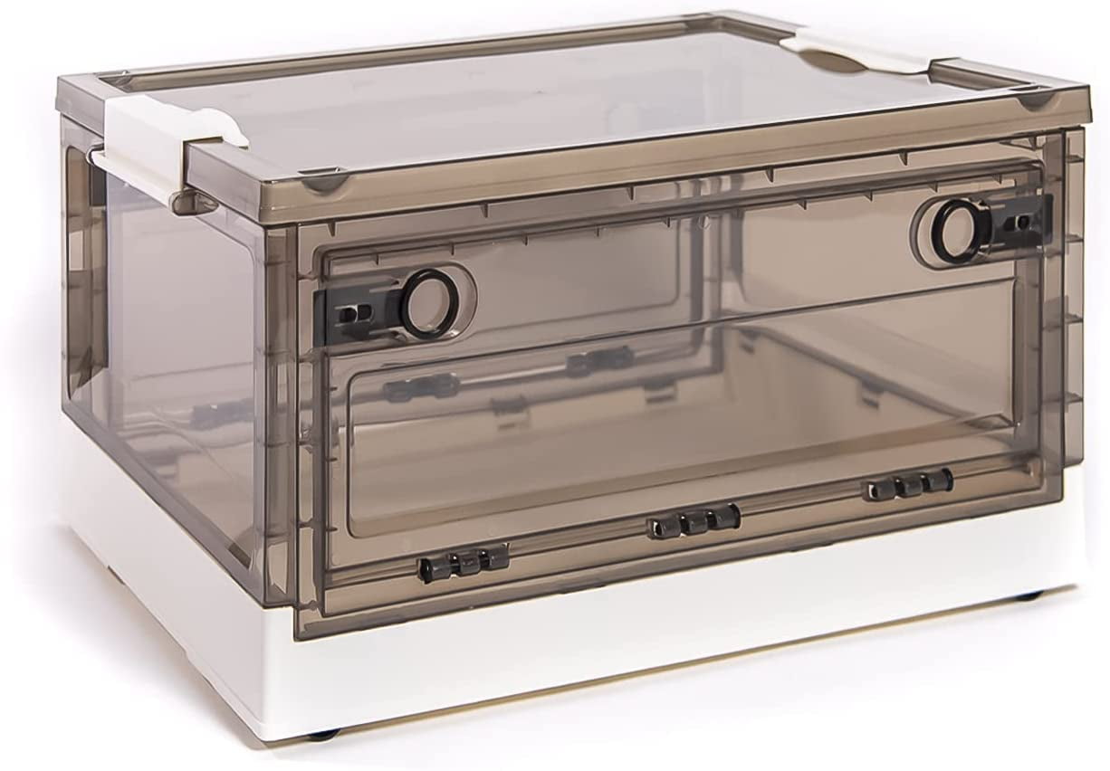 Medium White and Transparent Collapsible Stackable Storage Box with Wheels