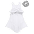 thumbnail image 4 of TiaoBug Girls Sequins Lyrical Dance Costume Kids Sleeveless Ballet Dance Dress Leotard with Hair Tie White 6, 4 of 5