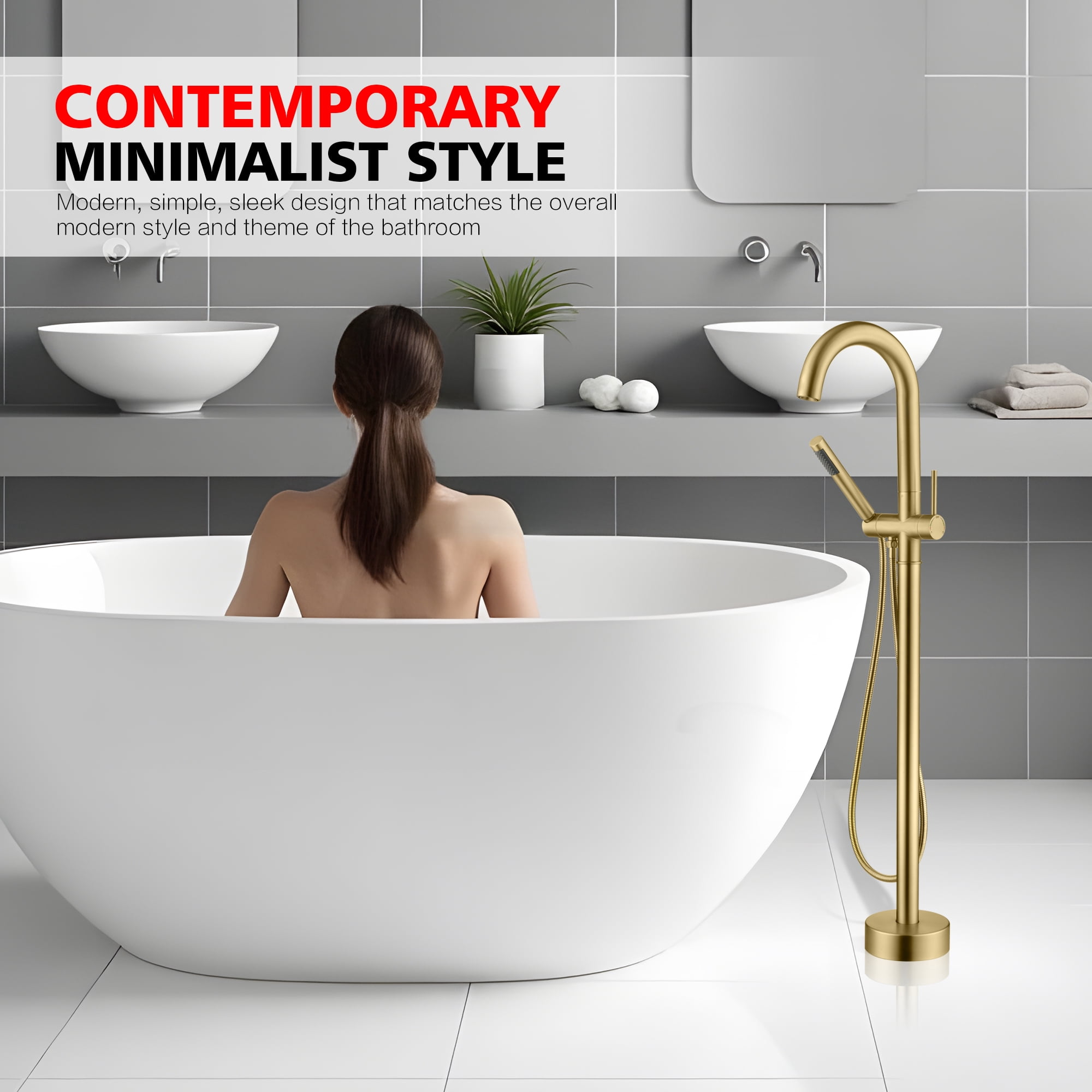 sumerain Freestanding Tub Faucet Brushed Gold, Brass Floor Mount Bathtub Filler Faucet with Handheld Sprayer for Bathroom, High Flow
