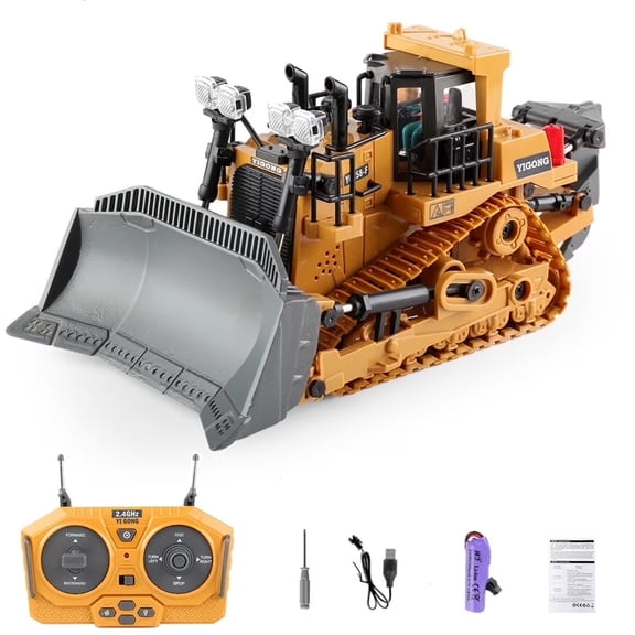 Metal RC Bulldozer Toy for Kids, 9-Channel Remote Control Track-Type Tractor with Lights & Sounds, Realistic Construction Vehicle Toy for Boys Ages 3-12