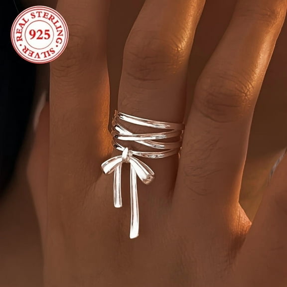 925 silver -plated bow -shaped ring -adjustable, multi -layered design, suitable for daily and party wearing, is a perfect gift given to friends for birthdays, holidays,White
