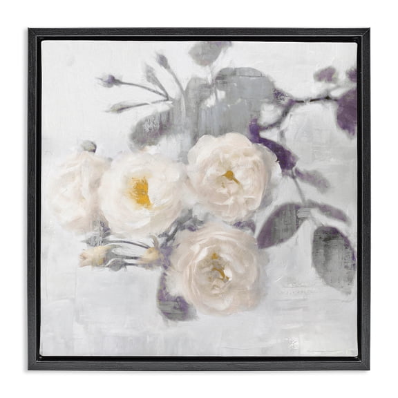 Stupell Industries White Blooms on Grey Floral Painting Black Floater Framed Canvas Art Print Wall Art, 18 x 18
